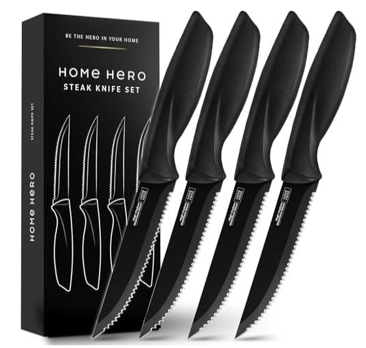 Stainless Steel Kitchen Knife Set - Chef Knives Set (4 pcs Steak Knife Set - Black)