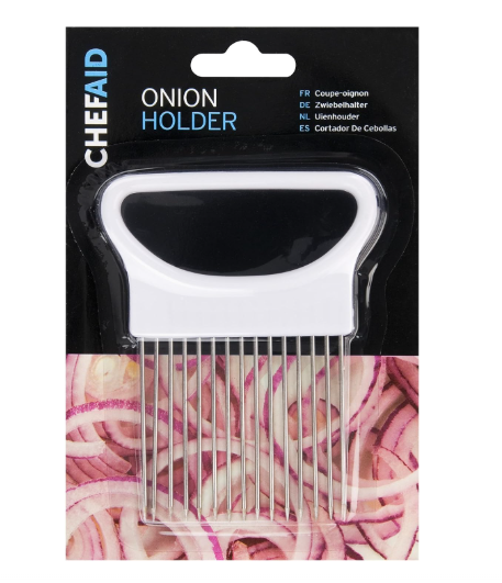 Onion Holding tool to aid Slicing and Dicing of Oinions and other Vegetables